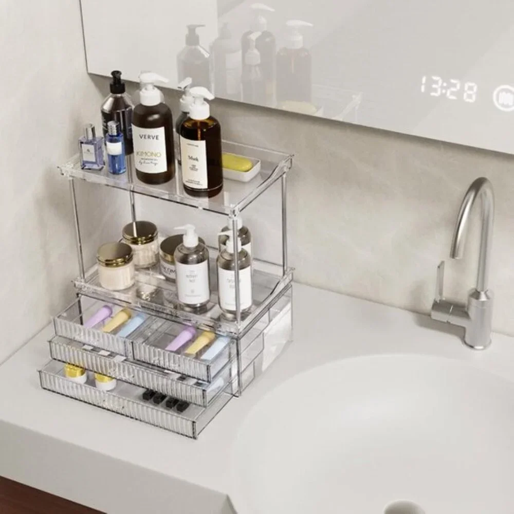 New 2-Tier Amber Clear Bathroom Organizer, Vanity Storage with 4 Drawers